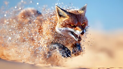 Fierce Red Fox Running Across Sandy Terrain with Dynamic Motion and Intense Expression