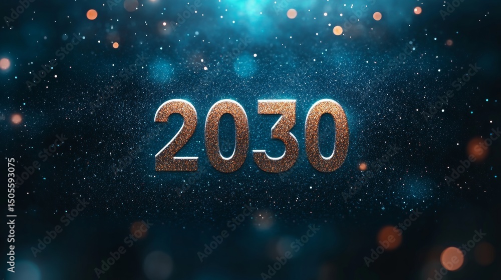 Poster metallic 2030 new year text on deep blue festive background with sparkles bokeh effect