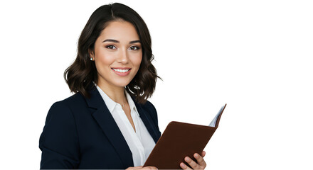 Fototapeta premium Portrait Of A Smiling Young Woman In A Blazer Holding A Brown Notebook With Transparent Background