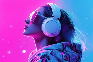 Woman wearing headphones and sunglasses in vibrant colors