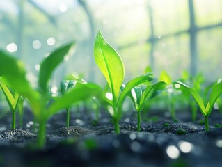 Young plants growing in greenhouse