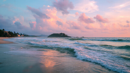 Obraz premium Stunning Beach Sunset with Colorful Sky and Ocean Waves