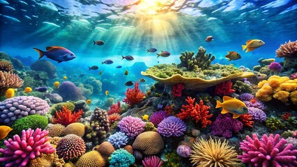 Underwater scene of a vibrant coral reef ecosystem with colorful fish and sunlight