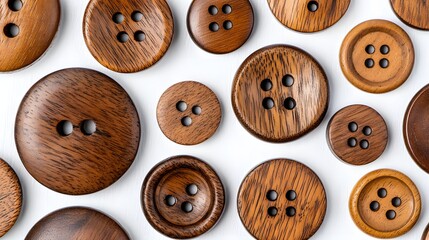 Obraz premium Collection of Wooden Buttons with Various Shapes and Sizes on a White Background