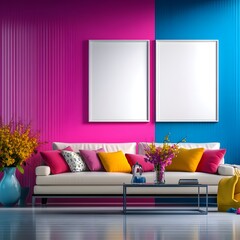 Colorful Modern Living Room with Pink and Blue Walls and Cozy Sofa with Vibrant Flowers