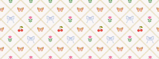 Seamless cute french floral and butterfly pattern with cherry, flower, bow, and tulip. Ideal for kids' fabrics, wrapping paper, wallpapers, scrapbooking, and romantic vintage design. 