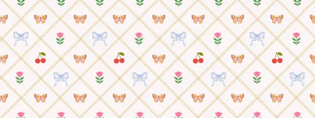 Crédence en verre imprimé Seamless cute french floral and butterfly pattern with cherry, flower, bow, and tulip. Ideal for kids' fabrics, wrapping paper, wallpapers, scrapbooking, and romantic vintage design. 