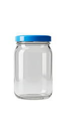 Realistic 3D Render of a Transparent Glass Jar with Blue Lid Isolated on Black