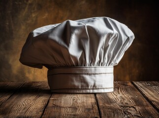 Chef Hat on Wooden Table with Rustic Wall Background
