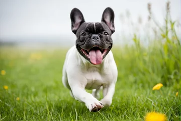 フレンチブルドッグが、嬉しそうに草原を走る、元気な犬