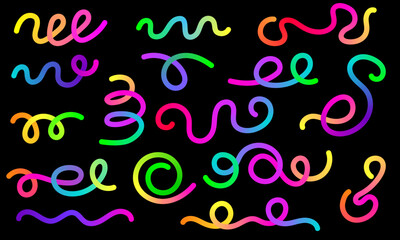 Fototapeta premium Abstract rainbow color, wavy lines set. Squiggly shape bright color elements collection.