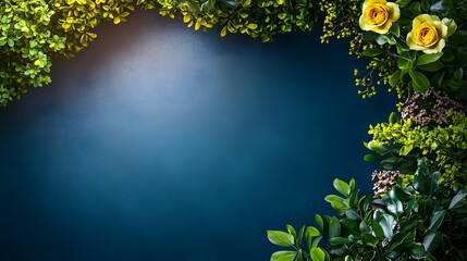 Lush Greenery with Yellow Roses and Dark Blue Background Creating a Serene Natural Ambiance