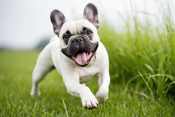 Gordijnen フレンチブルドッグが、嬉しそうに草原を走る、元気な犬 © sky studio