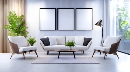 Modern Minimalist Living Room Interior Featuring Elegant White Furniture and Lush Green Plants