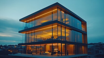 Fototapeta premium Modern glass house, coastal sunset, illuminated interior, real estate