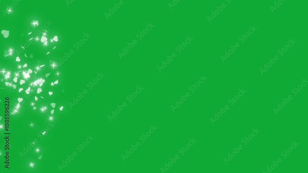 Poster animated white hearts and sparkling stars floating overlay effect on green screen background, a roma