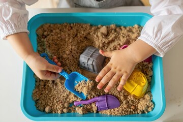 Child’s Hands Playing with Kinetic Sand in Blue Tray – Sensory Activity