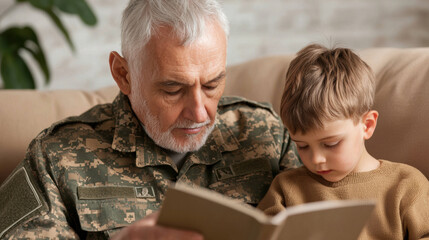 Elderly man in military uniform reads a book to a young boy on a sofa, sharing a quiet, heartfelt moment together.