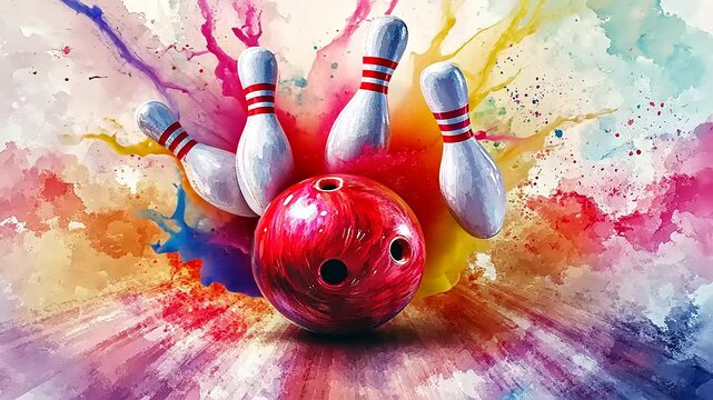 Colorful bowling scene with pins striking a ball amidst a vibrant abstract background
