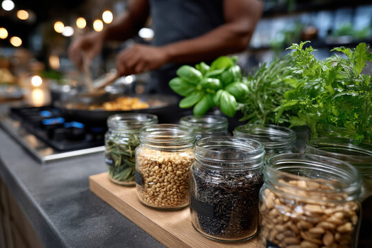 A skilled chef cooking in a modern kitchen, meticulously preparing fresh ingredients like herbs and spices, representing culinary art and dedication to quality meals.