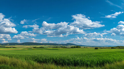 Obraz premium Vast Green Field Under Blue Sky with Fluffy Clouds – Scenic Landscape