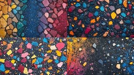 Colorful abstract stone patterns on various surfaces.