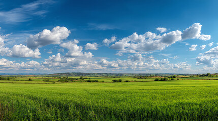 Fototapeta premium Vast Green Field Under Blue Sky with Fluffy Clouds – Scenic Landscape