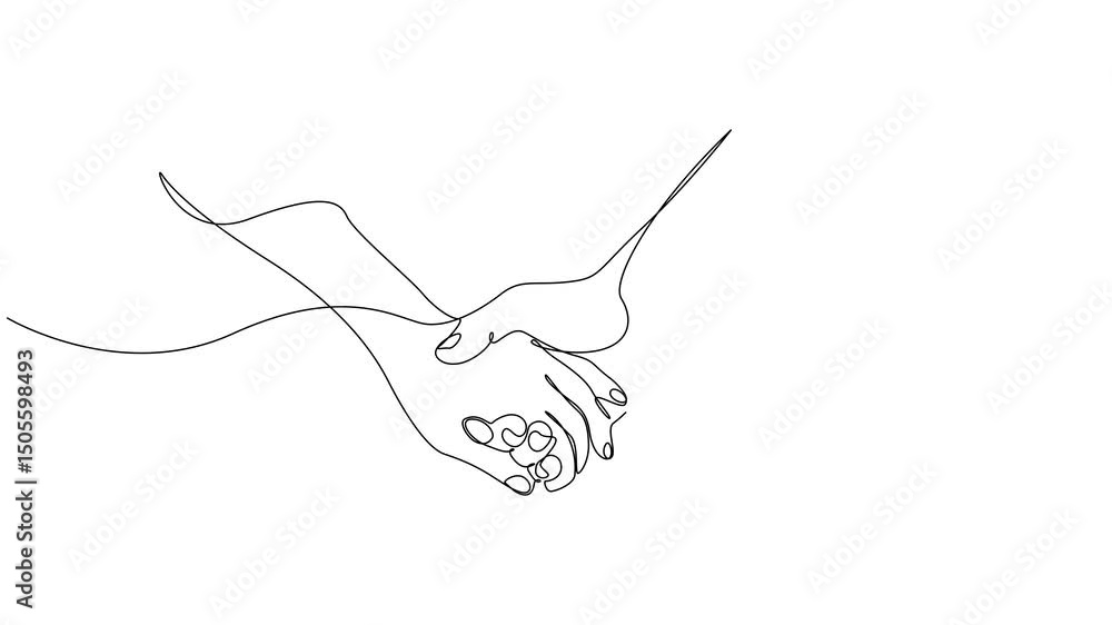 Poster animation of one line drawing of two hands join together, setting a common mission. achieving succes