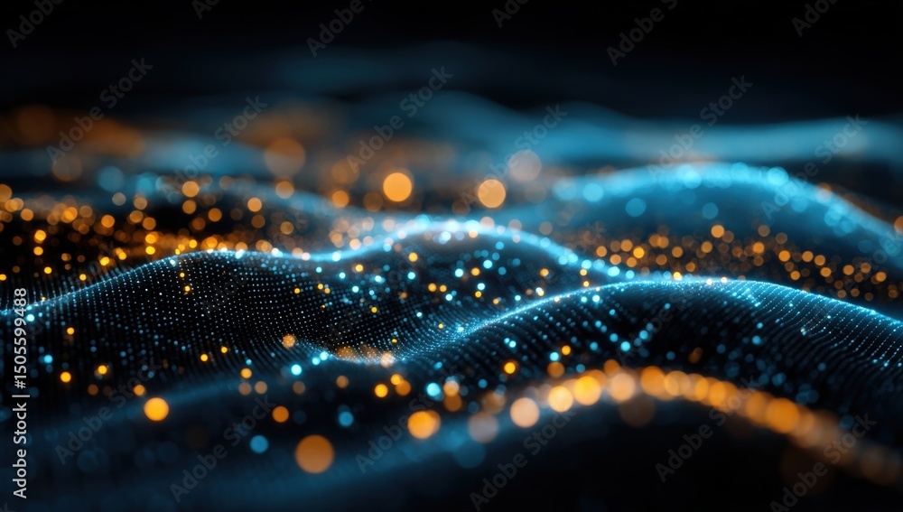 Poster glowing blue and orange dots form wave-like patterns, creating an abstract digital landscape on a da