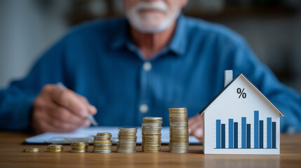 Focused investor reviewing loan options with percentage charts, wooden house miniatures, and coin stacks