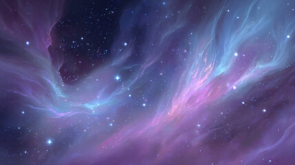 A stunning nebula with vibrant hues of purple, blue, and pink, speckled with stars, creating a mesmerizing cosmic scene