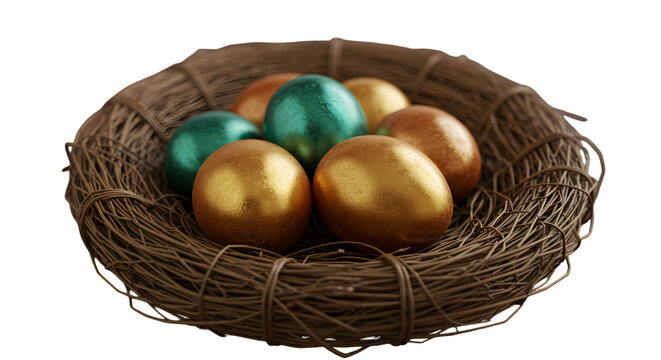 Realistic Photo Of Easter Eggs Nest Gold And Green Holiday Decoration on Transparent Background
