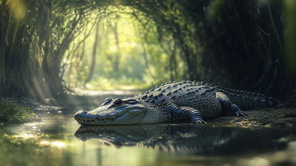 Fototapeta premium A crocodile lies in a shallow water body, surrounded by dense vegetation, with sunlight filtering through the trees in the background.