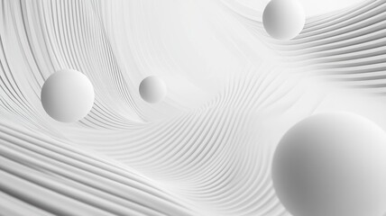 Abstract white spheres floating in a serene minimalistic wave patterned space conveys elegance and harmony of modern design elements