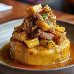 Close-up of Puerto Rican Mofongo with garlic, pork crackling, plantains, served with ri