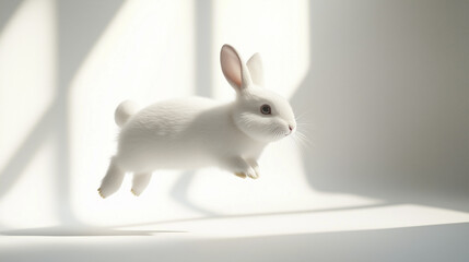 Obraz premium A white rabbit is captured mid-jump, with its ears perked up and eyes focused. The background features soft shadows and light, creating a serene atmosphere.