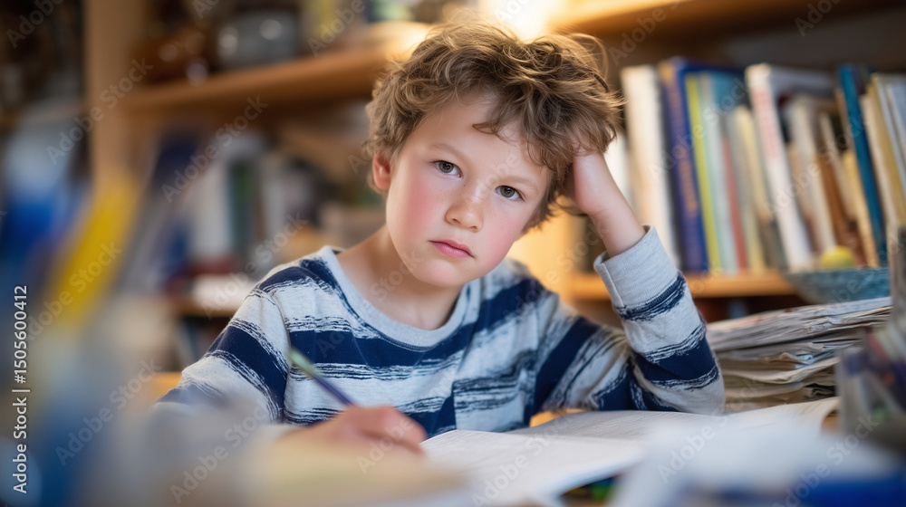 Poster thoughtful boy scratches his head while working on a writing assignment, surrounded by reference mat