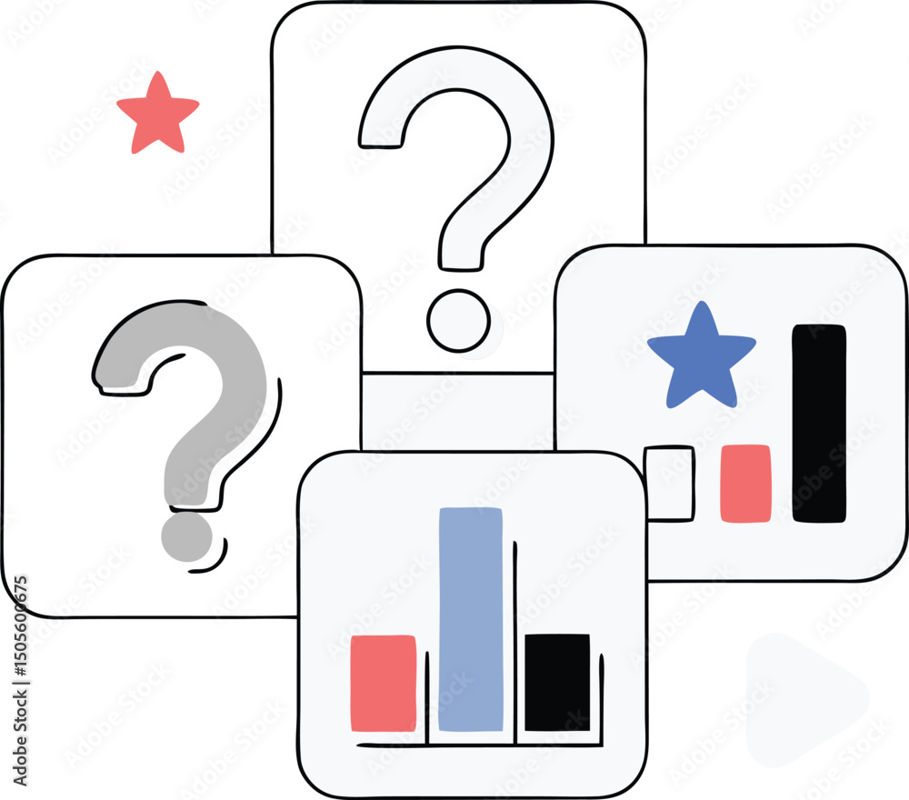 Poster abstract data analysis illustration with charts question marks and play symbol