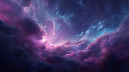 Dramatic cosmic nebula with vibrant purple and blue hues in a vast star filled space