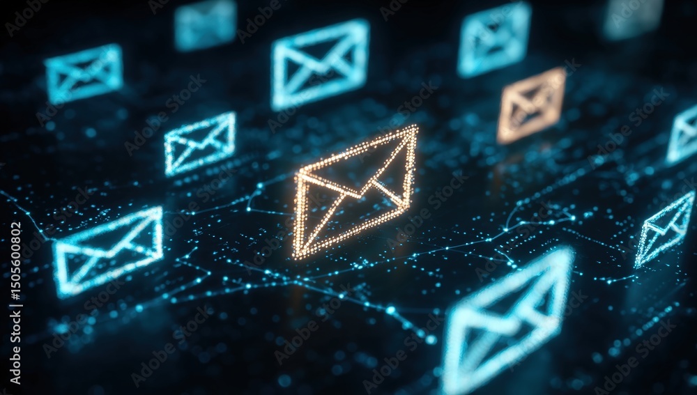 Poster glowing digital email icons connected by lines, representing electronic communication and data netwo