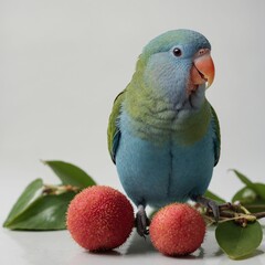 A parrotlet standing on a lychee, white background
