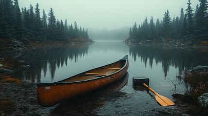 Fototapeta premium Misty lake scene with canoe