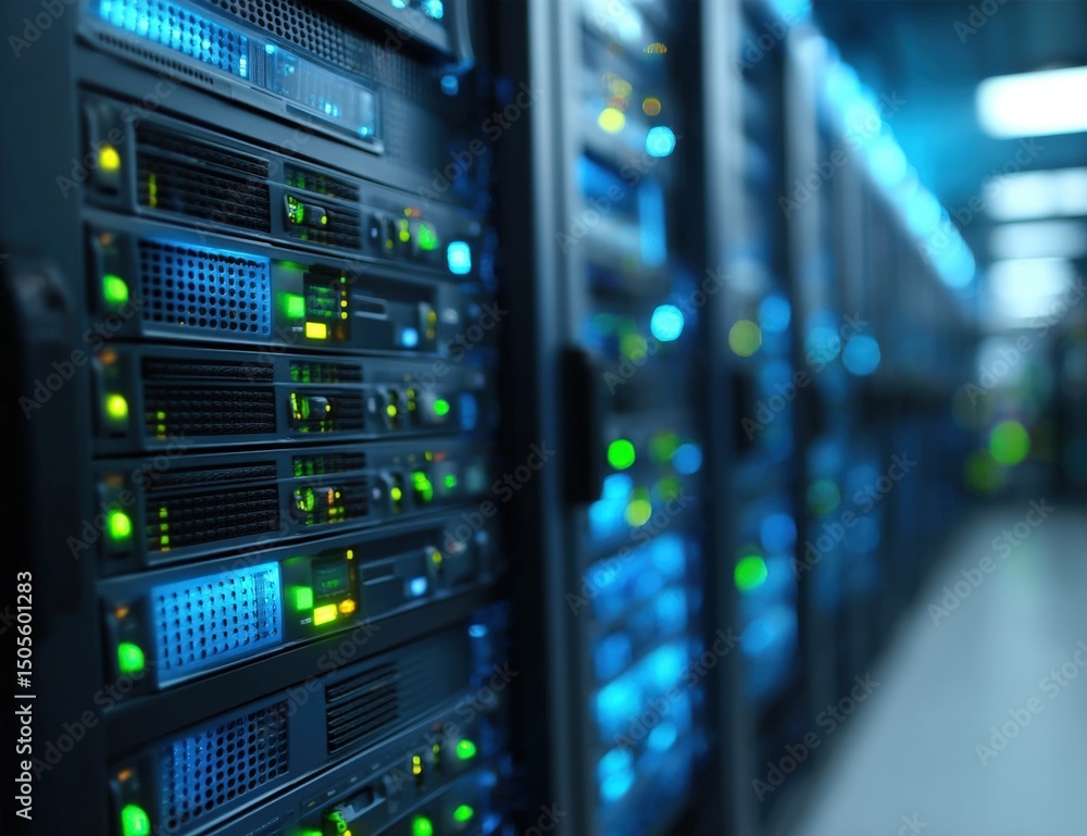 Poster rows of illuminated computer servers in a data center, showcasing advanced technology and digital in