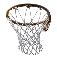 Basketball hoop and net close-up.  A view of a basketball hoop and net against a white background. The hoop is a dark, wood-like color, and the net is white. The net is tightly woven