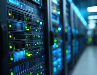 Naklejka premium Rows of illuminated computer servers in a data center, showcasing advanced technology and digital infrastructure.
