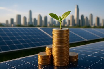 Gold Coin Stacks with Green Plant on Solar Panel – Symbolizing Renewable Energy Investment. Gold Coins and Solar Energy Growth