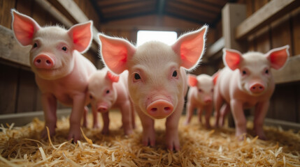 Cute piglets in barn, surrounded by straw, showcasing their playful nature and curiosity. warm lighting enhances cozy atmosphere