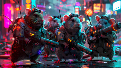 Cyberpunk Hamster Squad with Futuristic Weapons in Neon City