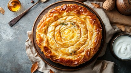Flat lay of Bulgarian Banitsa with cheese and egg layers in phyllo, spiral shape, served with yogurt, soft golden palette,