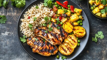 Flat lay of Caribbean jerk chicken with rice and peas, plantains, and tropical garnish, bold and spicy colors